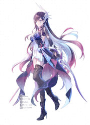  1girl absurdres black_boots black_hair black_shrug black_thighhighs blue_eyes blue_hair boots breasts colored_inner_hair commentary dress english_commentary fylus hair_ornament high_heel_boots high_heels highres holding holding_sword holding_weapon honkai:_star_rail honkai_(series) hysilens_(honkai:_star_rail) long_hair medium_breasts multicolored_hair pointy_ears shrug_(clothing) simple_background solo sword thigh-highs thighs two-tone_hair very_long_hair weapon white_background white_dress 