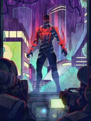 1boy 2others aiming aiming_at_another animal_print arm_spikes black_bodysuit bodysuit broken_glass building city colin_craker commentary full_body glass gun highres holding holding_gun holding_weapon marvel marvel_2099 mask miguel_o'hara multicolored_bodysuit multiple_others night rain red_bodysuit skull_print spider-man spider-man_(2099) spider-man_(series) spider_print spiked_arm standing superhero_costume two-tone_bodysuit weapon 
