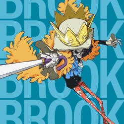  1boy afro artist_collaboration ascot black_hair black_jacket blue_ascot brook_(one_piece) character_name commentary crown feather_boa floral_print hat hayashi_yuuki holding holding_sword holding_weapon ishitani_megumi jacket male_focus one_piece second-party_source skeleton solo sword weapon 