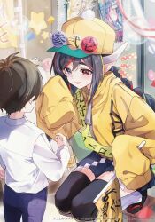  1boy 1girl 2026 age_difference amamori_mamori black_hair black_pants black_socks black_thighhighs blonde_hair blue_eyes blue_hair blue_skirt braid commentary_request copyright_notice dragon_girl dragon_horns dragon_musume_ni_naritakunai! duel_masters flag geta hat heterochromia holding holding_flag horns jacket kneeling long_hair multicolored_hair notice_lines official_art open_mouth pants pointy_ears pom_pom_hat_ornament red_eyes red_hair sash shirt short_hair shoulder_sash skirt sleeves_past_fingers sleeves_past_wrists socks thick_eyebrows thigh-highs twin_braids white_horns white_shirt yellow_hat yellow_jacket yuki_haru 