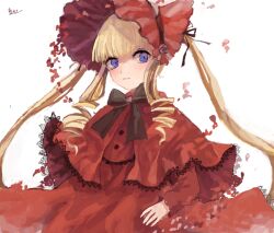  1girl bad_drawr_id bad_id black_bow black_bowtie blonde_hair bonnet bow bowtie capelet drill_hair drill_sidelocks lace-trimmed_capelet lace_trim lolita_fashion long_hair long_sleeves nomiko_524 parted_lips petals red_bonnet red_capelet red_petals rozen_maiden shinku sidelocks solo twintails upper_body very_long_hair white_background 