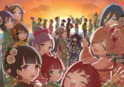  6+girls :3 :d aqua_eyes aqua_kimono awahuji_miyuki blue_eyes blue_kimono bow character_request closed_mouth commentary_request evening floral_print flower green_eyes green_kimono grey_eyes grey_kimono hair_bow hair_flower hair_ornament hairclip heart heart_hair_ornament highres japanese_clothes kimi_no_koto_ga_dai_dai_dai_dai_daisuki_na_100-nin_no_kanojo kimono long_hair multiple_girls obi obijime ocean pink_kimono purple_kimono red_bow red_eyes sash short_hair sky smile sun sunset violet_eyes waving yellow_kimono 