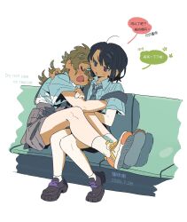  2girls :d :o ankle_socks bare_arms bare_legs bench black_hair black_shoes blonde_hair blush braid breast_pocket carrying chestnut_mouth chinese_text closed_eyes closed_mouth collared_shirt colored_speech_bubble crossed_bangs dated diagonal-striped_clothes diagonal-striped_necktie dot_mouth dot_nose double-parted_bangs dress_shirt english_text facing_another flustered from_side full_body furrowed_brow grey_necktie grey_skirt hair_between_eyes hair_ornament hairclip hand_on_another's_arm hand_on_another's_shoulder hand_up head_tilt highres hug jellyfish_cut knees_together_feet_apart leaning_to_the_side legs_together light_frown long_hair looking_at_another looking_down loose_hair_strand low_block_heels minamip multiple_girls multiple_hairclips necktie on_bench open_clothes open_mouth open_shirt orange_trim original parallel_hairclips parted_bangs parted_lips petals platform_shoes pleated_skirt pocket princess_carry purple_trim red_eyes school_uniform shirt shoelaces shoes short_hair short_sleeves simple_background sitting skirt sleeve_cuffs smile sneakers socks speech_bubble striped_clothes striped_necktie suspender_skirt suspenders suspenders_slip sweatdrop swept_bangs unbuttoned unbuttoned_shirt v-shaped_eyebrows white_background white_shirt white_shoes white_socks yuri 