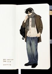  1boy absurdres baichuan_baichuan black_eyes black_hair black_shoes blush brown_coat cardigan chinese_commentary coat cold commentary_request dated denim full_body headphones highres jeans long_sleeves male_focus original pants parted_bangs procreate_(medium) scarf shoes short_hair simple_background solo standing white_background white_cardigan 