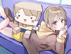  1girl 4ding :d :t box brown_hair brown_jacket cardboard_box character_and_character_item character_doll closed_mouth commentary_request couch doll highres hood hood_down hooded_jacket jacket kasumin_box long_sleeves looking_at_viewer love_live! love_live!_nijigasaki_high_school_idol_club lying nakasu_kasumi on_couch on_stomach open_mouth pink_eyes pout raised_inner_eyebrows short_hair shorts smile solo yellow_hood yellow_shorts 