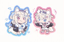  2girls :3 animal_ear_fluff animal_ears asymmetrical_legwear bandaid bandaid_hair_ornament blonde_hair blue_eyes blush_stickers chibi chibi_only clenched_hand colored_inner_animal_ears dog_ears dog_girl dog_tail fake_horns fuwawa_abyssgard fuwawa_abyssgard_(1st_costume) hair_ornament hand_up hololive hololive_english horns index_finger_raised mafuin_da mococo_abyssgard mococo_abyssgard_(1st_costume) multiple_girls notice_lines paw_print paw_shoes red_eyes sparkle tail white_background 