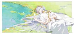  1girl ancient_greek_clothes blue_eyes border bug butterfly chinese_commentary closed_mouth commentary_request dress expressionless feet_out_of_frame flower gem glowing_butterfly gold_choker gold_necklace grass greco-roman_clothes green_gem grey_hair hair_between_eyes hand_chains highres holding holding_scroll jewelry laurel_crown lily_pad long_hair looking_at_animal looking_to_the_side lovebrush_chronicles lying necklace nesss on_back on_ground outside_border peplos pond scroll solo very_long_hair white_border white_dress wide_sleeves yellow_flower 