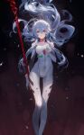 1girl absurdres ayanami_rei bodysuit ciloranko dark_background evangelion:_3.0_you_can_(not)_redo falling_petals floating_hair highres lance_of_longinus light_blue_hair long_hair looking_at_viewer neon_genesis_evangelion petals rebuild_of_evangelion red_eyes solo very_long_hair white_bodysuit