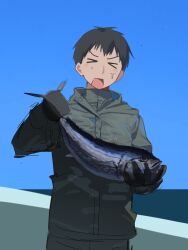  1boy bertolt_hoover black_gloves black_hair blue_background boat buttons closed_eyes coat collared_jacket commentary_request cowboy_shot fish fishing gloves green_jacket green_pants highres holding jacket light_blush long_sleeves looking_at_viewer male_focus ocean open_clothes open_coat open_mouth pants shingeki_no_kyojin short_hair simple_background surprised sweatdrop turtleneck turtleneck_jacket u7016903054990u watercraft 