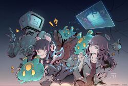  !? 1boy 1other 2girls \n/ animal_ear_headphones animal_ears aqua_eyes aroma_white asakura_neko black_hair black_jacket black_shirt black_shorts body_writing bodypaint cat_ear_headphones cat_ears commentary_request copyright_notice cytus cytus_ii dress fake_animal_ears floating_headgear fur-trimmed_jacket fur_trim headgear headphones headset highres holographic_monitor humanoid_robot jacket joints long_hair long_sleeves meowbot mo:_astray mo_(character) monitor_head multicolored_hair multiple_girls official_art pink_eyes pink_hair rectangular_mouth red_dress red_jacket robo_head_(cytus) robot robot_joints shirt short_hair shorts simon_jackson slime_(creature) smile streaked_hair surprised tuner-san white_jacket wide_sleeves yellow_eyes 