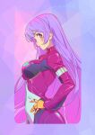  1girl absurdres bangs belt blue_hair bodysuit breasts character_name cowboy_shot gloves hand_on_hip highres kula_diamond long_hair looking_at_viewer medium_breasts minisky01 purple_background simple_background the_king_of_fighters violet_eyes 