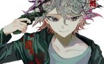  1boy bangs collarbone danganronpa_(series) danganronpa_2:_goodbye_despair green_jacket grey_eyes grey_hair grey_shirt gun hair_between_eyes highres holding holding_gun holding_weapon jacket komaeda_nagito long_sleeves looking_at_viewer male_focus medium_hair messy_hair monokuma multicolored_hair open_clothes open_jacket portrait redhead shirt short_hair simple_background smile solo weapon white_background yadu_nadu 