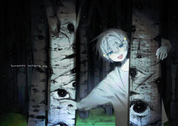  2boys :d absurdres bandaged_neck bandages birch_tree blue_eyes dark english_text fang forest grass grey_hair hair_between_eyes hair_ornament hanged highres horror_(theme) jacket leaning_to_the_side light_particles looking_at_viewer male_focus mixed-language_commentary multiple_boys nature night open_clothes open_jacket original outdoors short_hair smile star_(symbol) star_hair_ornament tree white_jacket yuruku 