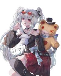  1girl :d absurdres bare_shoulders black_choker black_nails black_shirt black_skirt blunt_bangs blush braid choker commentary_request eyewear_on_head facial_mark feet_out_of_frame fishnet_thighhighs fishnets hair_ornament heart heart_facial_mark highres honkai:_star_rail honkai_(series) iz_enchanting jewelry long_hair long_sleeves looking_at_viewer necklace official_alternate_costume official_alternate_hairstyle pink_eyes ring shade shirt simple_background single_thighhigh skirt smile solo sparkle_(honkai:_star_rail) sparxie_(candy-coated_waves)_(honkai:_star_rail) sparxie_(honkai:_star_rail) stuffed_animal stuffed_toy sunglasses teddy_bear thigh-highs transparent_background twintails variant_set very_long_hair white_hair x_hair_ornament 