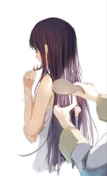  2girls bracelet brushing_another's_hair brushing_hair closed_mouth commentary_request dress fern_(sousou_no_frieren) frieren hair_brush highres holding holding_another's_hair holding_hair_brush jewelry long_hair long_sleeves multiple_girls nukko2ny playing_with_own_hair purple_hair shade solo_focus sousou_no_frieren white_dress 