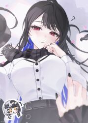  1girl ? black_hair black_nails black_scarf blue_hair breasts buttons character_pov colored_inner_hair commentary english_commentary fingernails grey_scarf heart highres hololive hololive_english ishikawa_rio large_breasts long_sleeves mole mole_under_eye multicolored_hair nail_polish nerissa_ravencroft nerissa_ravencroft_(casual) no_horns office_lady official_alternate_costume parted_lips pov pov_hands red_eyes scarf shiori_novella shirt solo_focus two-tone_scarf upper_body variant_set virtual_youtuber white_shirt 