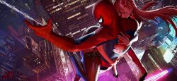  1boy 1girl absurdres building car city garter_straps highres hug marvel mary_jane_watson mask midair motor_vehicle mugi_(mugit49) night peter_parker road skyscraper spider-man spider-man_(original_suit) spider-man_(series) spider_web_print street superhero_costume 