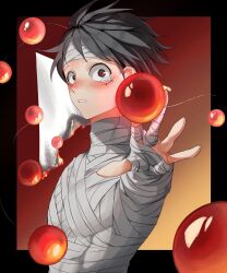  absurdres bandaged_head bandaged_torso bandages black_border black_hair border ddandaradan gem highres looking_at_viewer monkey_d._luffy one_piece outstretched_arm paper pearl profile scar scar_on_face short_hair tears 