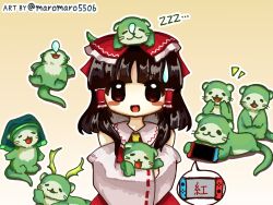 1girl animal animal_hug animal_on_head ascot bow brown_hair clothed_animal comedic_sweatdrop commentary_request cosplay detached_sleeves frilled_bow frilled_hair_tubes frills gradient_background green_headscarf hair_bow hair_tubes hakurei_reimu handheld_game_console haniyasushin_keiki haniyasushin_keiki_(cosplay) headscarf highres holding holding_handheld_game_console horns kicchou_yachie kicchou_yachie_(cosplay) long_hair looking_at_viewer maromaro5506 nintendo_switch nose_bubble on_head otter_spirit_(touhou) red_bow red_eyes red_skirt ribbon-trimmed_sleeves ribbon_trim second-party_source skirt skirt_set sleeping touhou yellow_ascot yellow_background yellow_horns 