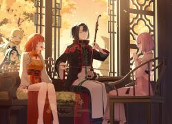  3boys 3girls ahoge alternate_costume animal_ears architecture black_coat black_hair blonde_hair breasts chair chinese_clothes closed_eyes closed_mouth coat dobrynya_nikitich_(fate) dress east_asian_architecture erhu fate/grand_order fate_(series) fox_ears fox_tail fujimaru_ritsuka_(female) green_eyes grey_hair hair_ornament highres holding holding_instrument instrument lattice long_sleeves mash_kyrielight medium_breasts medium_hair multiple_boys multiple_girls official_alternate_costume open_mouth orange_eyes orange_hair parted_bangs pink_hair playing_instrument purple_hair qipao sakuraike short_hair sitting smile taigong_wang_(fate) tail taisui_xingjun_(fate) tree voyager_(fate) watermark 
