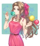  1girl aerith_gainsborough bangs bare_shoulders belt bow bracelet breasts brown_hair dress earrings final_fantasy final_fantasy_vii final_fantasy_vii_remake green_eyes hair_bow hair_ornament jewelry medium_breasts necklace official_alternate_costume ohse parted_bangs pink_dress ponytail sidelocks signature sleeveless sleeveless_dress solo star_(symbol) twitter_username wavy_hair 