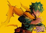  1boy artist_name belt bodysuit boku_no_hero_academia cape closed_mouth commentary english_commentary freckles frown gloves green_bodysuit green_eyes green_hair hands_up highres male_focus midoriya_izuku pepijopa red_belt scar scar_on_arm scar_on_hand short_hair simple_background single_glove solo torn_cape torn_clothes white_gloves yellow_background yellow_cape 