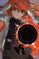  1girl a.i._voice absurdres adachi_rei android belt black_hole black_shirt cassette_player commentary_request diffraction_spikes expressionless gloves grey_skirt hair_ornament hair_ribbon headphones headset highres injury jacket long_sleeves looking_at_viewer m888992l7 netsu_ijou_(utau) open_clothes open_jacket orange_eyes orange_hair ribbon shirt shirt_tucked_in short_hair skirt solo torn_clothes upper_body utau white_gloves white_jacket 