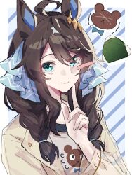  1girl ahoge animal_ears bear blue_eyes blush breasts brown_hair closed_mouth commentary_request daring_tact_(umamusume) food hair_between_eyes hair_ornament highres horse_ears horse_girl jacket long_hair long_sleeves looking_at_viewer onigiri open_clothes open_jacket shirt smile solo sorekara_64 star_(symbol) star_hair_ornament umamusume upper_body white_jacket white_shirt 