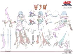  1girl anonymous_(yu-gi-oh!) belt commentary_request concept_art copyright_logo copyright_name diabellstar_the_black_witch duel_monster eye_mask gloves half_eye_mask high_heels holding holding_sword holding_weapon hood jewelry lineart logo mask multiple_views official_art production_art reference_sheet ring skirt solo sword turnaround weapon yu-gi-oh! 