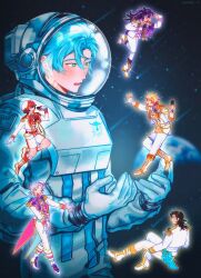  6+boys absurdres alternate_costume astronaut axel_syrios banzoin_hakka beret black_hair blonde_hair blue_hair boots earth_(planet) epaulettes gavis_bettel gloves green_eyes hat helmet highres hiimtae_sb holding holding_microphone holostars holostars_english holotempus idol_clothes josuiji_shinri machina_x_flayon male_focus microphone mini_hat mini_top_hat multicolored_hair multiple_boys open_mouth pants planet purple_hair red_hair regis_altare shorts space space_helmet spacesuit star_(sky) top_hat virtual_youtuber white_gloves white_hair white_hat white_pants white_shorts 