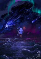  1girl absurdres aurora boots brown_boots elf frieren highres holding holding_staff keyv1q long_hair mage_staff night pointy_ears solo sousou_no_frieren staff twintails white_hair 