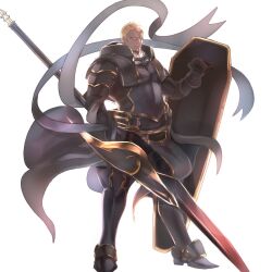  1boy alternate_costume armor armored_boots benny_(fire_emblem) black_armor black_boots blonde_hair boots breastplate cheekbones closed_mouth commentary_request dark-skinned_male dark_skin fire_emblem fire_emblem_fates full_body gauntlets gold_trim highres holding holding_polearm holding_shield holding_weapon lance looking_at_viewer male_focus monsuke_(monban) no_eyebrows pelvic_curtain polearm scar scar_on_face scratches shield short_hair shoulder_armor simple_background solo standing translation_request very_short_hair waist_cape weapon white_background 