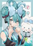  &gt;_&lt; 1girl :d :o alternate_hairstyle aqua_background aqua_bow aqua_eyes aqua_hair bangs black_sleeves bow cinnamiku cinnamoroll collared_shirt cup detached_sleeves drink green_nails green_necktie green_shirt grey_shirt hair_bow hair_rings hatsune_miku headset highres light_blush looking_at_viewer mikanoisi necktie rectangle sanrio shadow shirt sleeveless sleeveless_shirt smile speech_bubble symbol_in_eye two-tone_background vocaloid white_background xd 