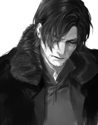  1boy beard_stubble black_coat black_shirt closed_eyes closed_mouth coat facial_hair fur-trimmed_coat fur_trim greyscale hair_over_one_eye highres kk47028497 leon_s._kennedy male_focus mature_male monochrome parted_bangs resident_evil resident_evil_requiem shirt short_hair solo stubble upper_body white_background 