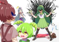  5girls ahoge animal_ears ankomon aura between_fingers black_thighhighs brown_hair brown_shirt dango dark_aura dress food fox_ears fox_girl full_body ghost giving_up_the_ghost gloom_(expression) green_hair green_hairband green_skirt hair_bobbles hair_ornament hairband headgear highres holding long_hair looking_at_another lying multiple_girls neck_ribbon nhk_(voiceroid) on_back on_floor open_mouth pea_pod pink_ribbon pleated_skirt red_dress ribbon scared shaded_face shirt short_hair siblings sisters skirt standing thigh-highs togeguri touhoku_itako touhoku_kiritan touhoku_zunko utau voiceroid voicevox wagashi white_background white_shirt yellow_eyes zunda_mochi zundamon 