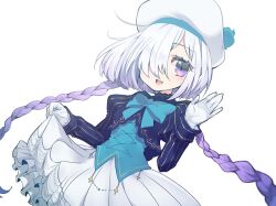  1girl :d aqua_bow aqua_bowtie aqua_vest beret blue_jacket bow bowtie braid breasts cropped_jacket dress frilled_dress frills gloves gradient_hair hair_over_one_eye hat holding_own_dress jacket komugiko_(bitte_komu) lace-trimmed_sleeves lace_trim multicolored_eyes multicolored_hair open_mouth original petticoat pink_eyes pinstripe_jacket pinstripe_pattern pom_pom_(clothes) purple_hair simple_background small_breasts smile solo swept_bangs twin_braids two-tone_eyes upper_body vest violet_eyes waving white_background white_dress white_gloves white_hair white_hat 