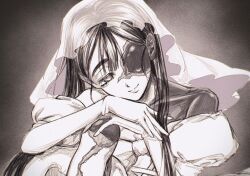  1girl alien_stage closed_mouth commentary_request gloves greyscale head_on_hand highres keika610247 knee_up long_hair monochrome smile solo sua_(alien_stage) sua_(zombie_stage) thick_eyebrows veil zombie_stage 