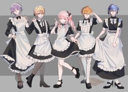  1other 4boys akiyama_mizuki ankle_strap aoyagi_touya apron aqua_streaks asymmetrical_hair belt belt_buckle black_boots black_bow black_bowtie black_dress black_shoes blonde_hair blonde_streaks blue_hair boots bow bowtie broom brown_belt buckle colored_eyelashes commentary_request crossdressing crossdressing_(mtf) detached_collar dress frilled_apron frills full_body green_eyes grey_background grey_eyes grey_pantyhose hair_between_eyes hair_bow hand_on_own_face hand_up heel_up high_heels highres holding holding_broom holding_own_dress holding_tray index_finger_raised juliet_sleeves kamishiro_rui long_dress long_hair long_sleeves looking_at_viewer maid maid_apron maid_headdress medium_dress mole mole_under_eye multicolored_hair multiple_boys one_eye_closed open_mouth orange_eyes orange_hair pantyhose parted_lips pink_eyes pink_hair project_sekai puffy_short_sleeves puffy_sleeves purple_hair shinonome_akito shoes short_hair short_sleeves side_ponytail split-color_hair standing standing_on_one_leg streaked_hair tenma_tsukasa thigh-highs translation_request tray v-shaped_eyebrows weic1217 white_apron white_bow white_bowtie white_pantyhose white_thighhighs yellow_eyes 