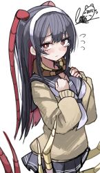  1girl antenna_hair arthropod_girl arthropod_limbs black_hair black_skirt centipede_girl headband highres kumano_plan monster_girl multicolored_hair original red_eyes school_uniform shirt skirt tears white_headband yellow_shirt 