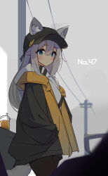  1girl animal_ear_fluff animal_ears black_hat black_jacket black_pantyhose blue_eyes blunt_bangs blurry blurry_background blush closed_mouth commentary_request cowboy_shot cup disposable_cup double-parted_bangs ears_through_headwear grey_hair hair_between_eyes hat highres hood hood_down hoodie jacket long_hair long_sleeves looking_at_viewer open_clothes open_jacket original pantyhose power_lines sidelocks solo tail tetenka white_hoodie wolf_ears wolf_girl wolf_tail 