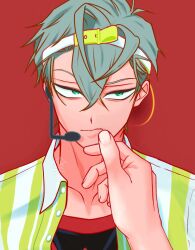  2boys alien_stage collared_shirt commentary green_eyes grey_hair hair_between_eyes hand_on_another's_chin headset highres ivan_(alien_stage) kasa_kskm layered_shirt looking_to_the_side male_focus microphone multiple_boys official_alternate_costume open_clothes open_shirt pov pov_hands red_background shirt short_hair solo_focus striped_clothes striped_shirt till_(alien_stage) two-tone_shirt vertical-striped_clothes vertical-striped_shirt very_short_hair visor_cap white_shirt yellow_shirt 