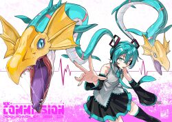  1girl aqua_eyes aqua_hair aqua_necktie artist_name bare_shoulders black_skirt black_thighhighs blue_eyes blue_nails ccccockroachst chinese_commentary colored_tongue commentary_request commission crossover detached_sleeves digimon digimon_(creature) hair_between_eyes hair_ornament hatsune_miku highres living_hair long_hair looking_at_viewer necktie open_mouth outstretched_arm parted_lips pink_background purple_tongue saliva sea_serpent seadramon sharp_teeth skirt sleeveless slit_pupils teeth thigh-highs twintails two-tone_background vocaloid white_background 