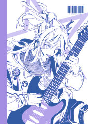  1girl :p ;p absurdres alternate_costume arknights badge barcode belt breasts button_badge chinese_commentary colored_lineart commentary_request cowboy_shot dragon_girl dragon_horns earrings eastern_dragon_horns electric_guitar fan_mu_zhang from_above guitar highres holding holding_guitar holding_instrument holding_plectrum hood hood_down hooded_jacket horns instrument jacket jewelry limited_palette long_hair nian_(arknights) one_eye_closed plectrum pointy_ears ponytail shirt short_shorts shorts small_breasts solo thigh_belt thigh_strap tongue tongue_out 