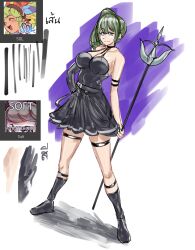  1girl absurdres belt black_belt black_boots black_dress black_gloves black_skirt boots breasts dress dynamic_pose full_body gloves hair_over_eyes half-closed_eyes highres huge_breasts long_hair looking_at_viewer roseilies side_ponytail skirt sousou_no_frieren thick_thighs thighs ubel_(sousou_no_frieren) very_long_hair violet_eyes wide_hips 