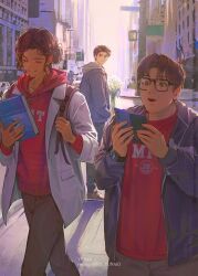  1girl 2boys artist_name book car character_request city english_commentary full_body glasses highres holding holding_book holding_phone hq_yunak jacket looking_at_another looking_back marvel motor_vehicle multiple_boys open_clothes open_jacket open_mouth peter_parker phone red_shirt shirt short_hair smile spider-man:_brand_new_day spider-man_(series) standing teeth twitter_username white_jacket 