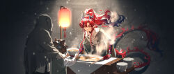  1boy absurdres arknights bead_bracelet beads bishounen bowl bracelet coat colored_extremities commentary curtained_hair dim_lighting dragon_boy dragon_horns dragon_tail eastern_dragon_horns eastern_dragon_tail fan_mu_zhang food forked_eyebrows fur-tipped_tail grey_coat hanging_lantern highres holding holding_bowl horns hunched_over jewelry leaning_forward looking_at_another male_focus multicolored_hair night noodles outdoors parted_bangs people pointy_ears ponytail purple_streaks red_hair red_hands snowing streaked_hair tail untranslatable_commentary very_long_tail xiao_guan_(headdress) yu_(arknights) 