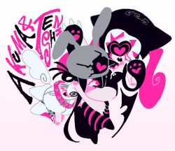  2girls alien_stage angel_wings animal_ear_headwear animal_ears black_hair black_hat black_leotard cat_ears commentary curled_ends demon_wings grey_hat hair_rings hat heart hugging_another's_leg leotard mizi_(alien_stage) mizi_(zombie_stage) multiple_girls official_alternate_costume paw_print pink_hair rabbit_ear_headwear rabbit_ears romaji_text signature single_wing spiral_print strapless strapless_leotard sua_(alien_stage) sua_(zombie_stage) tube_top untranslatable_commentary white_background white_tube_top wings ye_nayuta zombie_stage 