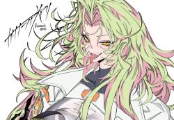  1girl duel_monster gmx_-_velox green_hair highres id_card kasanashiameari lab_coat long_hair looking_at_viewer multicolored_hair purple_streaks sharp_teeth slit_pupils solo streaked_hair teeth tongue tongue_out twitter_username upper_body white_background yellow_eyes yu-gi-oh! 
