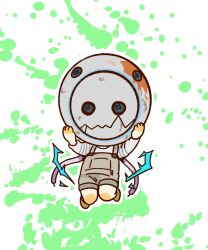  1boy brown_shoes cable chibi chibi_only commentary_request crack electricity full_body grey_overalls helmet highres kyokugen_dasshutsu male_focus outline overall_shorts overalls q_(kyokugen_dasshutsu) shirt shoes solo splatter_background striped_clothes striped_shirt tebaken_mind white_background white_outline white_shirt zero_escape:_toki_no_dilemma 
