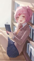  1girl :d absurdres black_skirt book bookshelf brown_sweater chinese_commentary collared_shirt commentary_request doki_doki_literature_club doki_doki_literature_club_school_uniform grey_jacket highres holding holding_book indoors jacket long_sleeves looking_at_viewer natsuki_(doki_doki_literature_club) on_floor open_book open_mouth pink_hair pleated_skirt raised_eyebrows red_ribbon ribbon school_uniform shirt short_hair sitting skirt smile solo sweater two_side_up white_shirt yecheng_anhunqu_(bilibili_1454316466) 